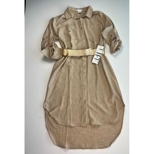 Y2k 90s Style Linen Blend Button Midi Shirt Dress Beige Roll Tab Belted Midi